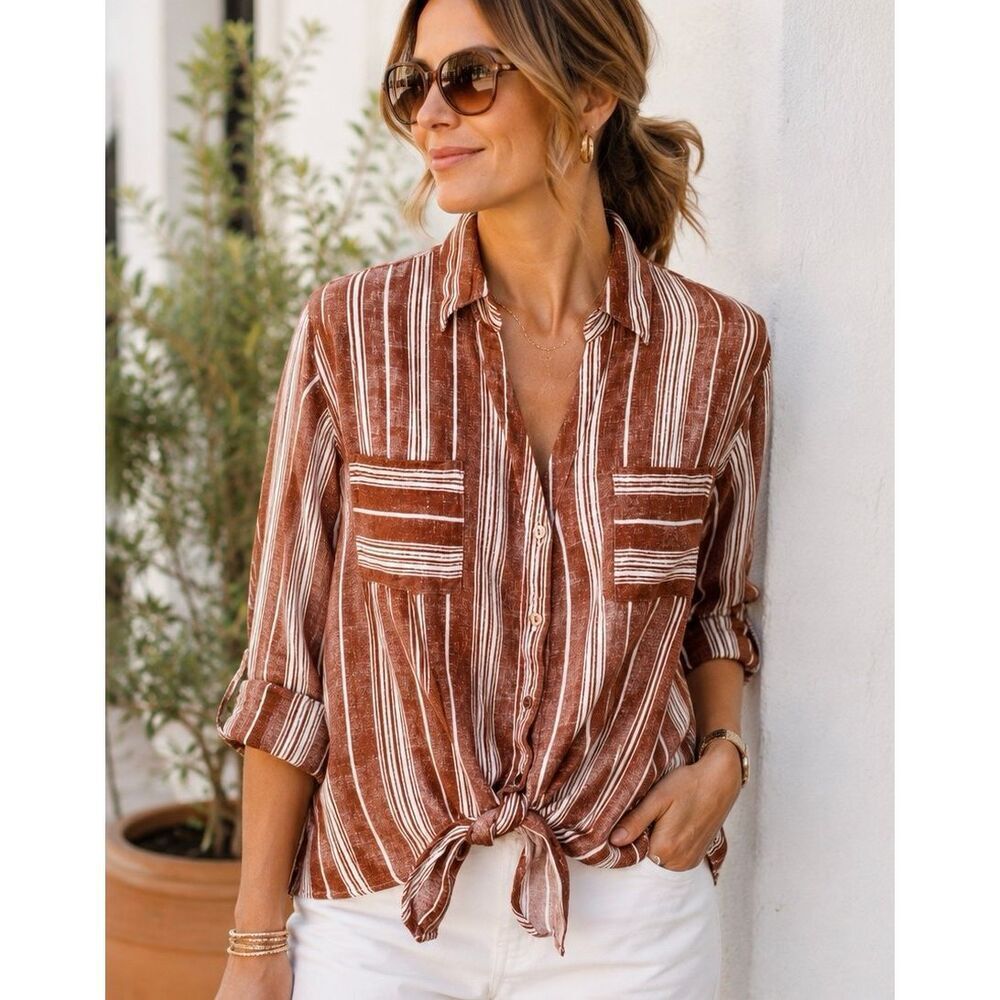 Fortune + Ivy Tie Front Button Up Shirt Blouse Women’s 2X Rust White Stripe Boho